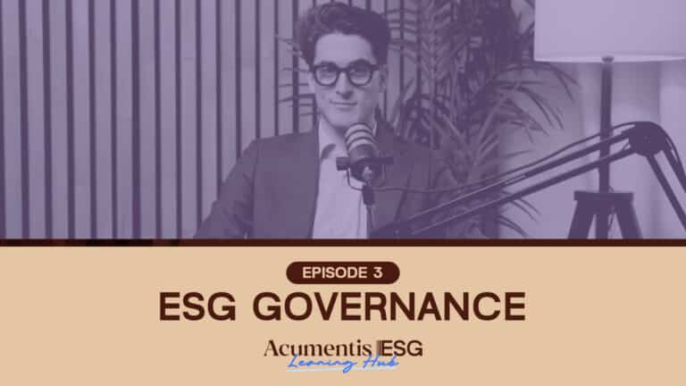 Host in a suit and glasses speaks into a mic in a podcast studio, episode 3: ESG governance (purple-tinted image).
