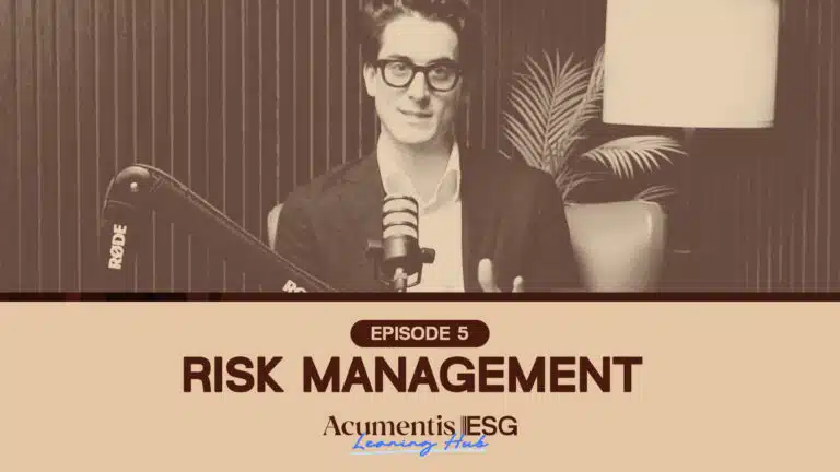 Podcast banner featuring a man in a suit with a microphone (RØDE) for Episode 5: Risk Management on the Acumentis ESG Learning Hub.